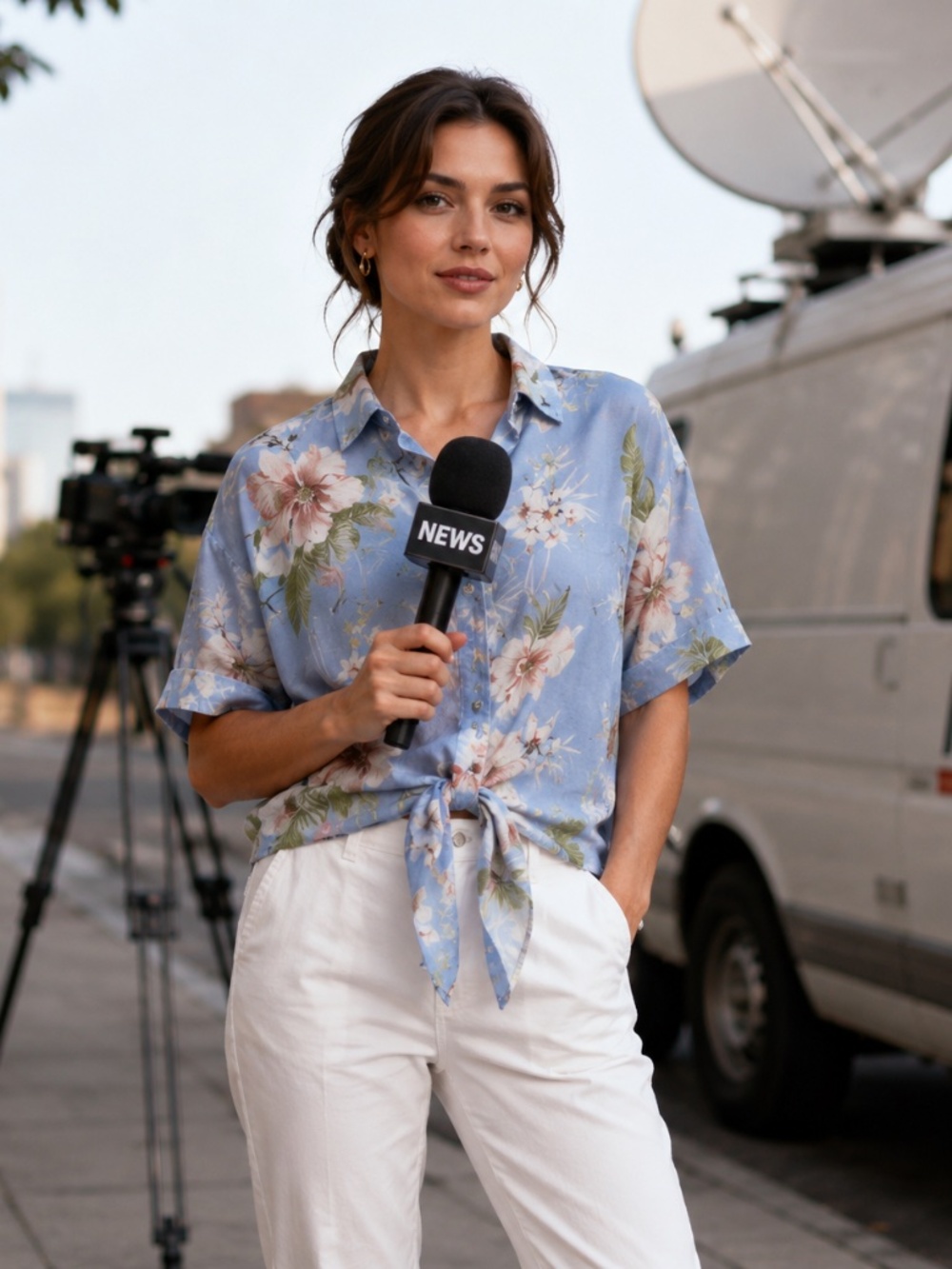 VINCE Coin Pocket Chino Pants white & Floral Blue blouse | Set – Size 6